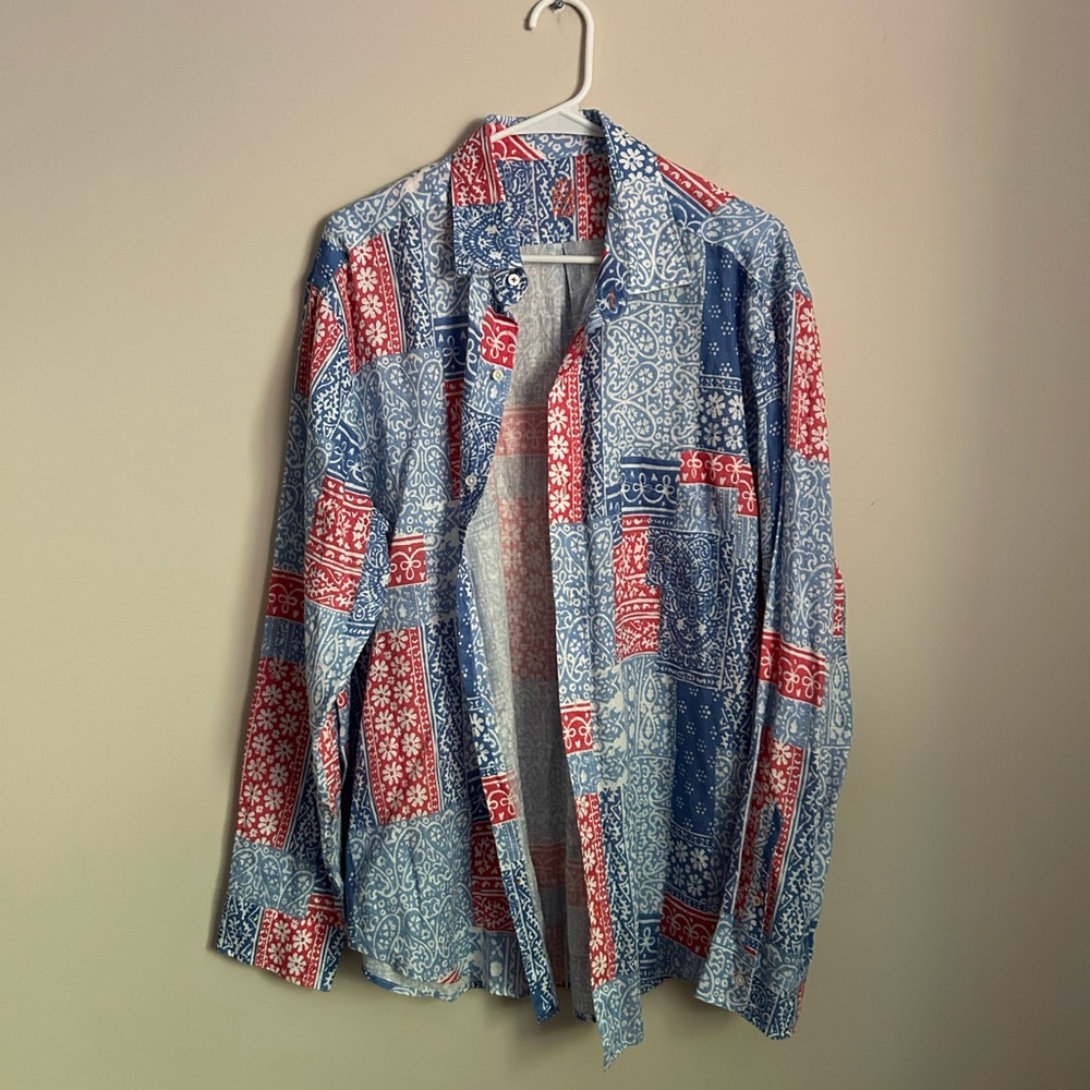 J. McLaughlin Red White and Blue Linen Paisley Print Button Front Shirt Size XL